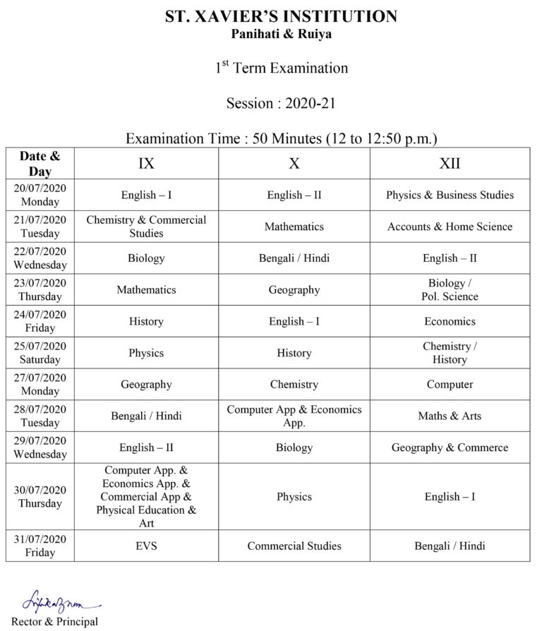 Exam Time Table – Premier English medium school in Kolkata